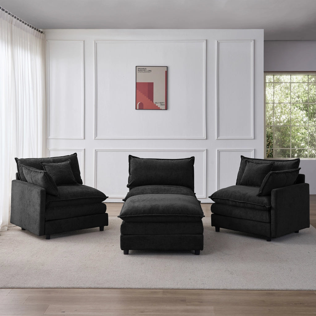 Divano angolare modulare 3 posti con pouf in ciniglia nero