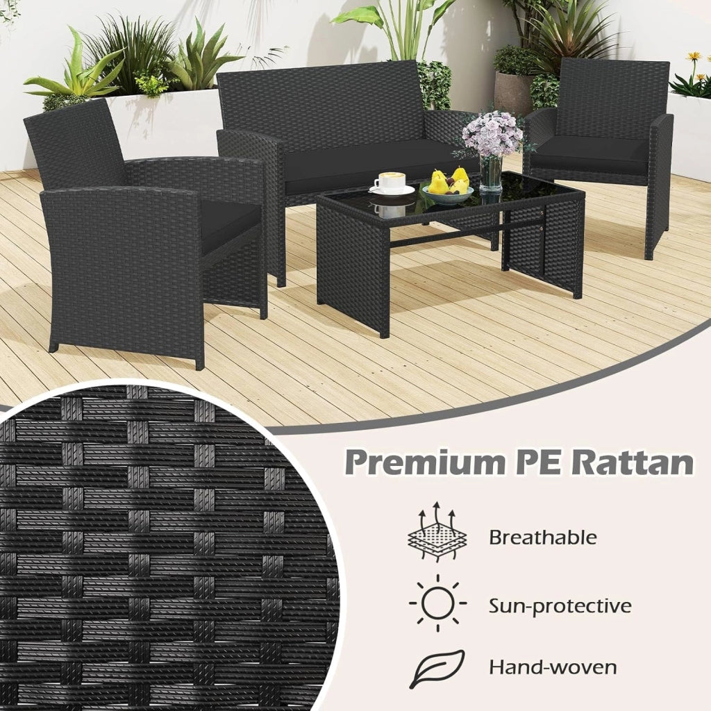 Set di salotto da giardino esterno in rattan PE 4 pezzi, divano a 2 posti, 2 poltrone, tavolino da salotto con piano in vetro, per 4 persone, mobili da giardino per terrazza, patio, nero