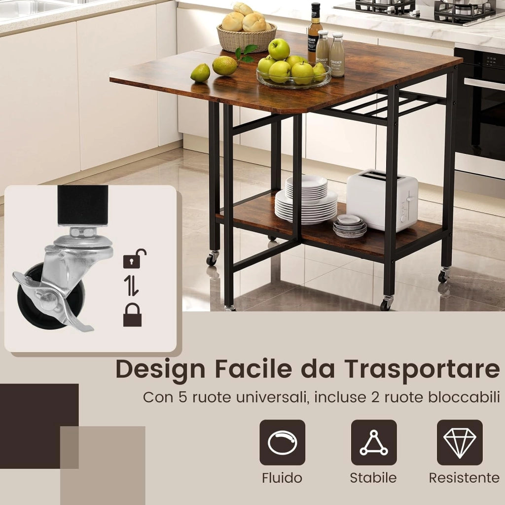 Tavolo da Pranzo per 2-4 Persone, Tavolo Pieghevole con Ampio Piano, Portabottiglie, Ripiano Portaoggetti e Ruote Bloccabili per Cucina, Sala da Pranzo e Soggiorno, 75 x 80 x 75 cm