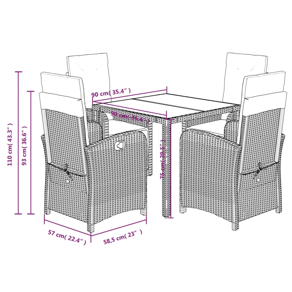 Set da Pranzo da Giardino 5 pz Nero con Cuscini in Polyrattan 3212457