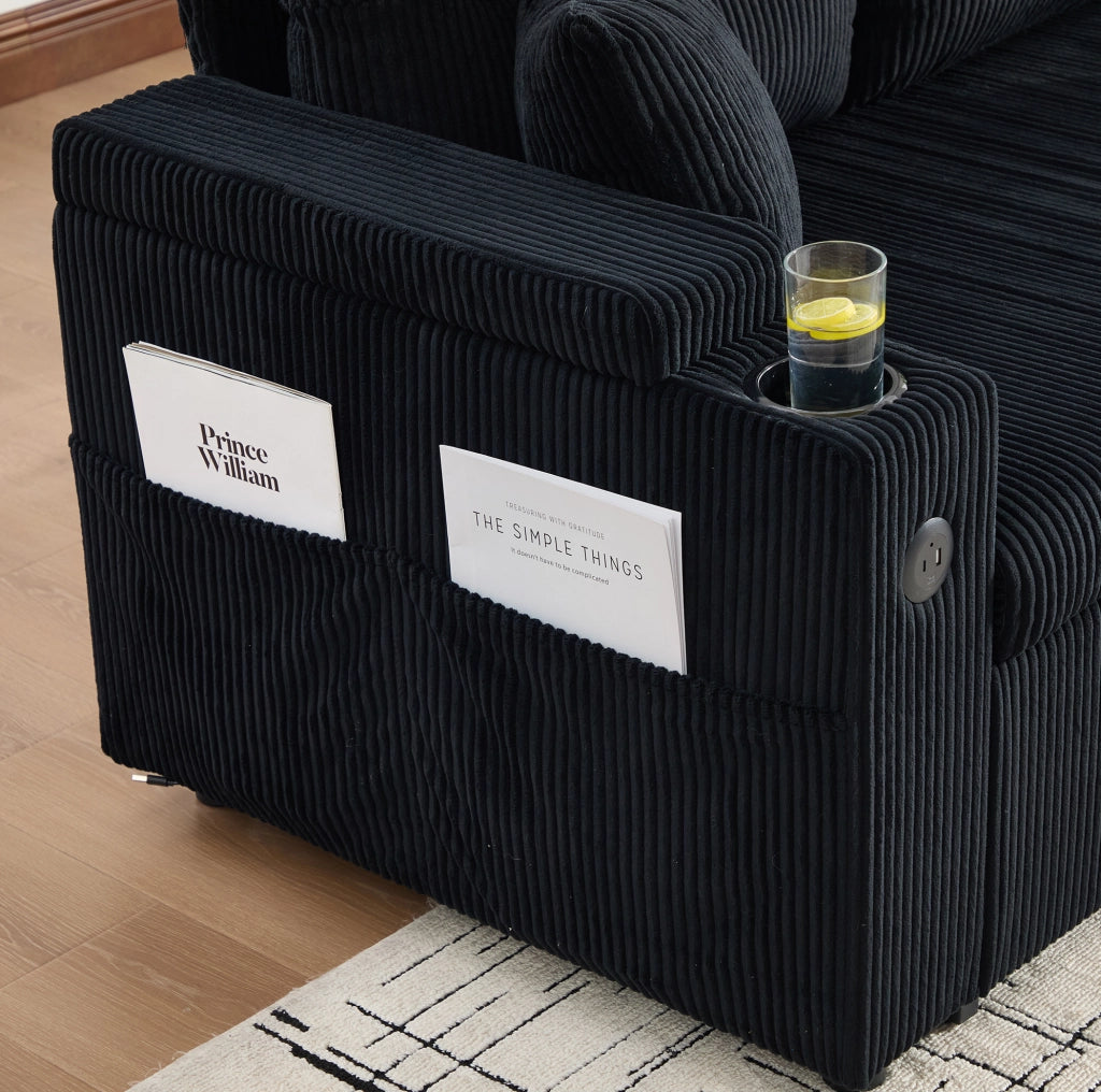 Divano 3 posti in tessuto corduroy nero con chaise longue idraulica; letto estraibile e USB-C
