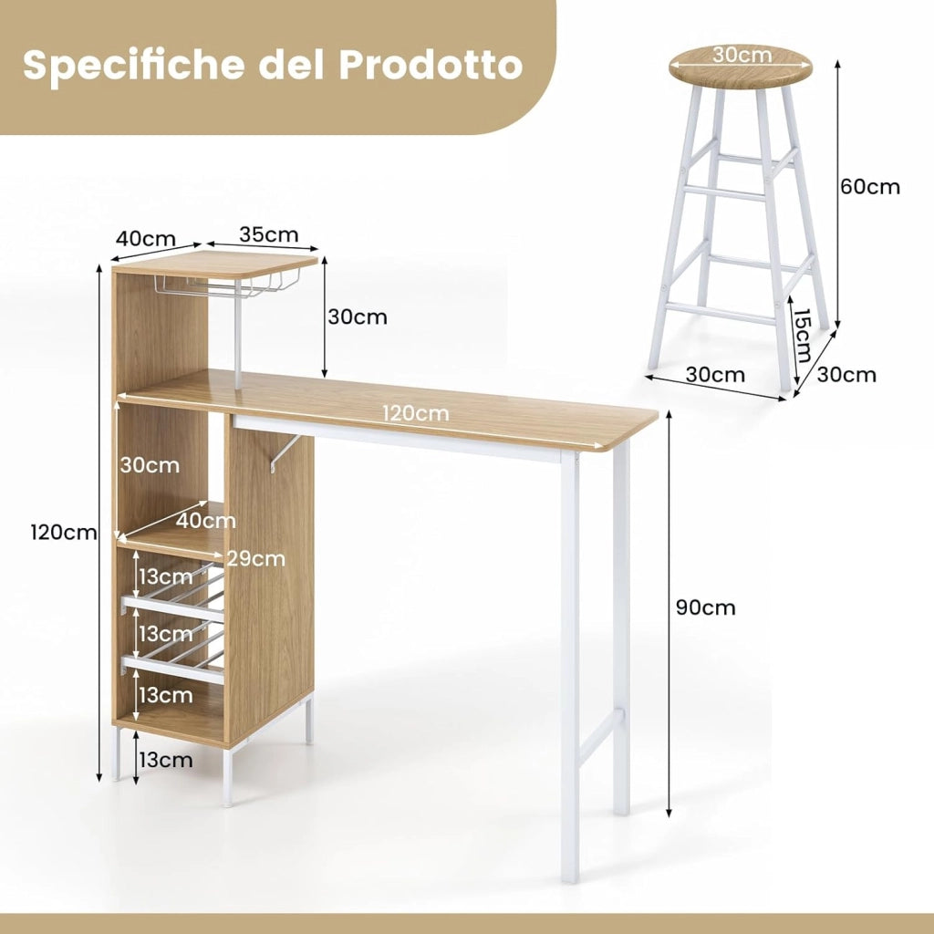 Set 3 Pezzi Tavolo e Sedie da Bar, Tavolo e Sgabelli da Pub Industriale con Porta Calici e 6 Portabottiglie da Vino, Set di Tavolo per Sala da Pranzo, Ristorante e Bar (Legno)