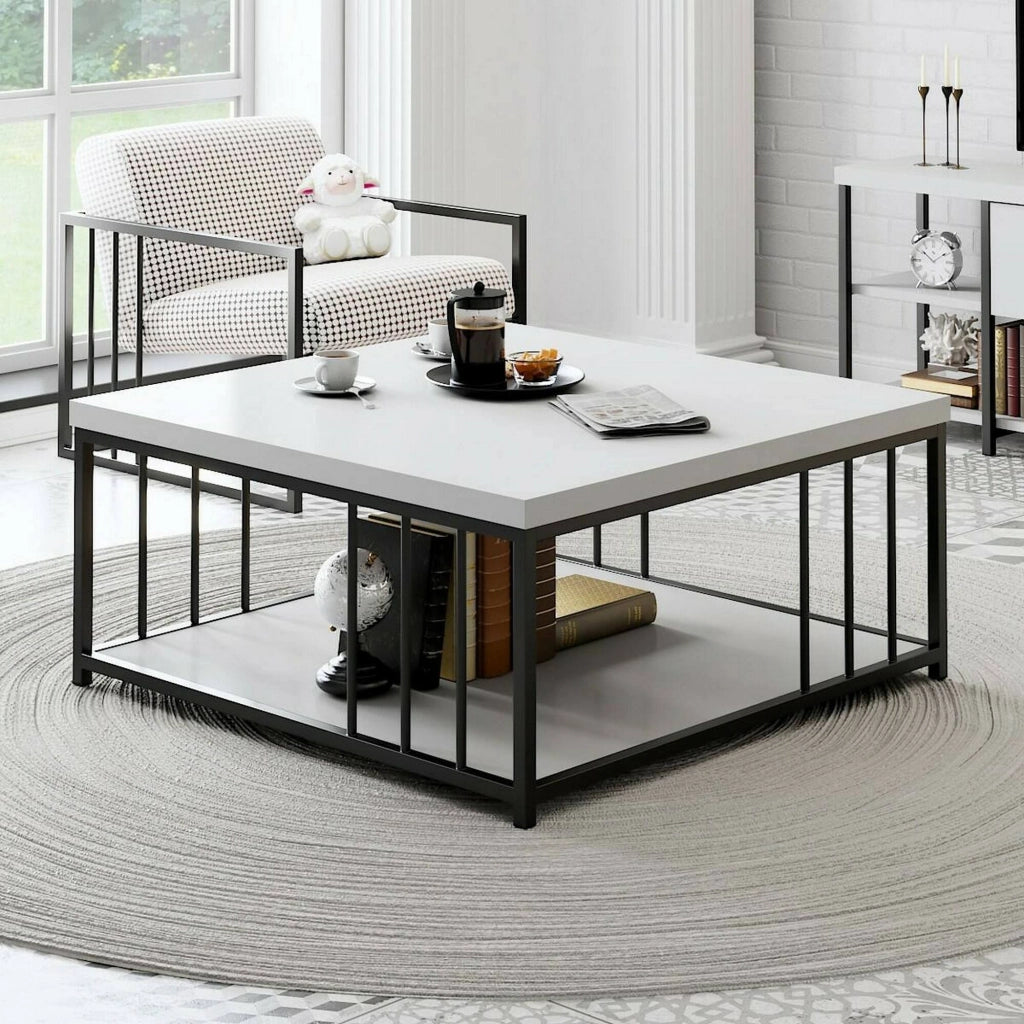Tavolino da salotto Raiden, Tavolo basso da caffè, Portariviste per divano, Ripiano da soggiorno, 90x90h40 cm, Bianco e Nero