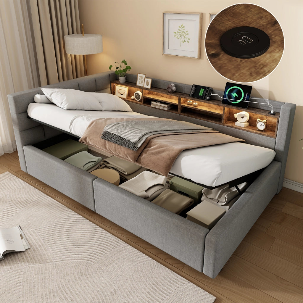 Letto contenitore 90x200 cm con LED dimmerabile; testiera con ripiano e prese USB; rivestimento in lino; grigio