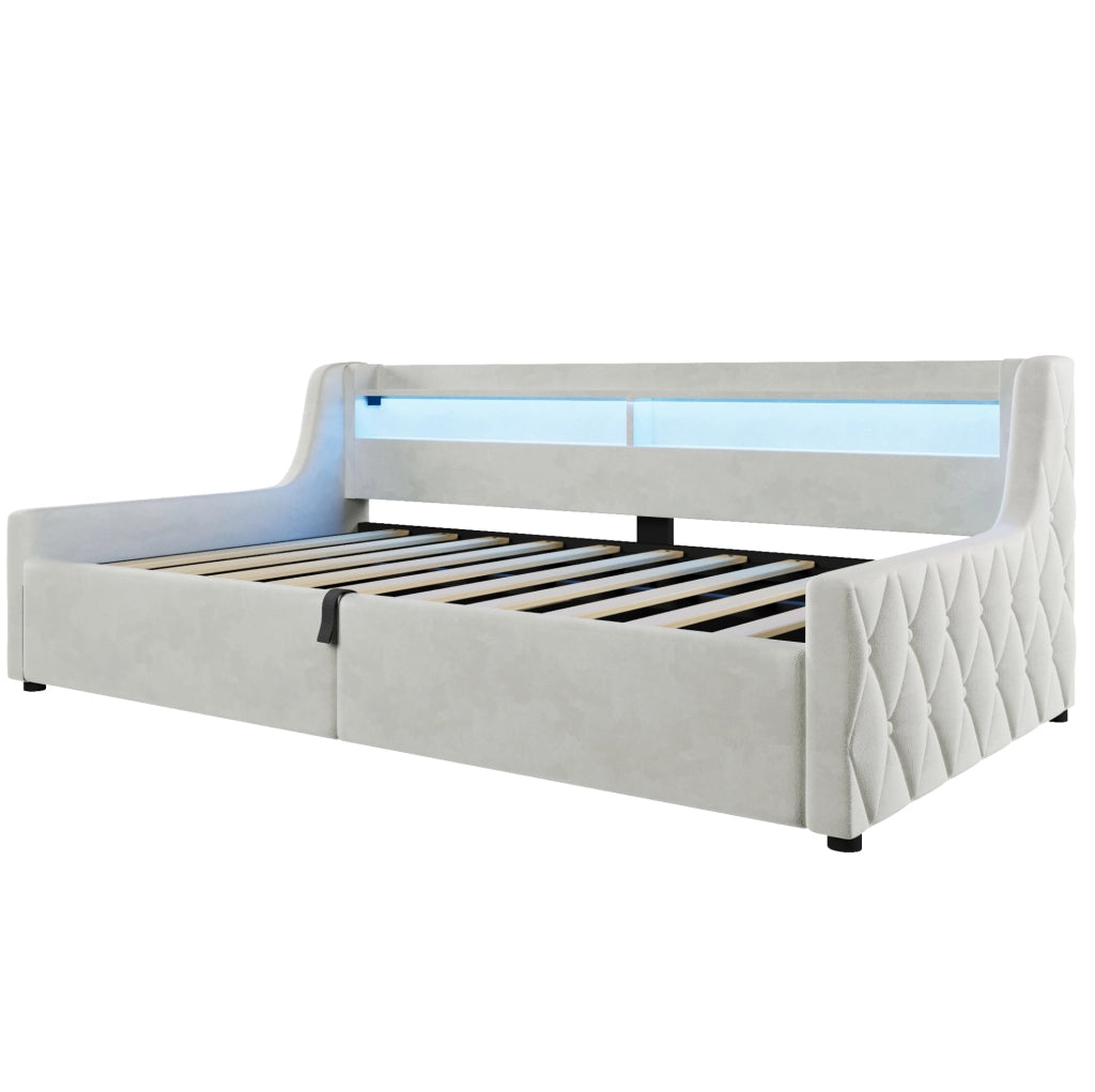 Letto imbottito 90x200 cm con contenitore idraulico e LED in flanella bianco sporco