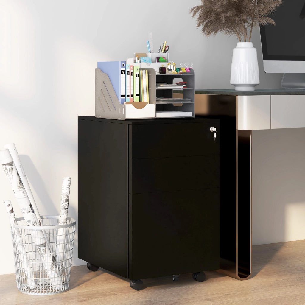 Cassettiera ufficio mobile con 3 cassetti, chiudibile a chiave, in acciaio nero, 37 x 43,5 x 60 cm