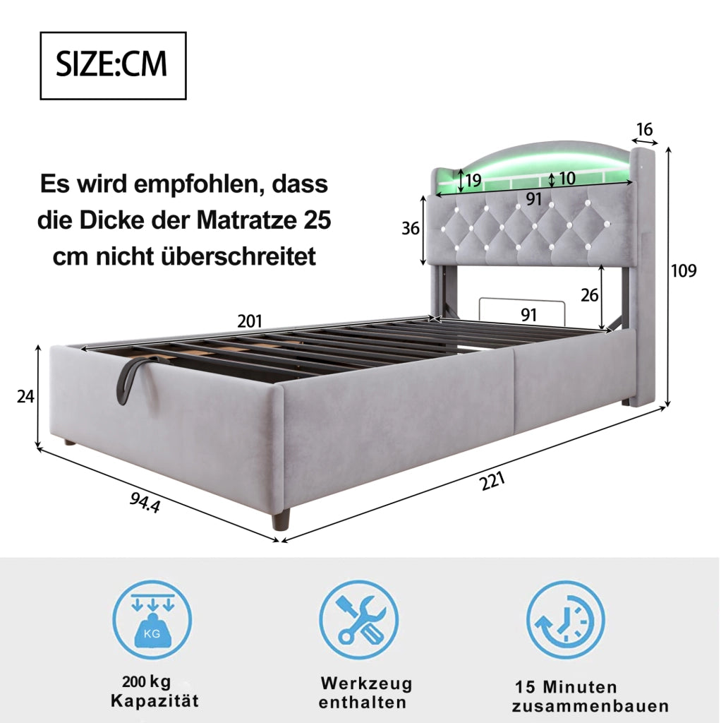 Letto imbottito per bambini 90x200 cm con contenitore; LED; USB e portaoggetti; grigio