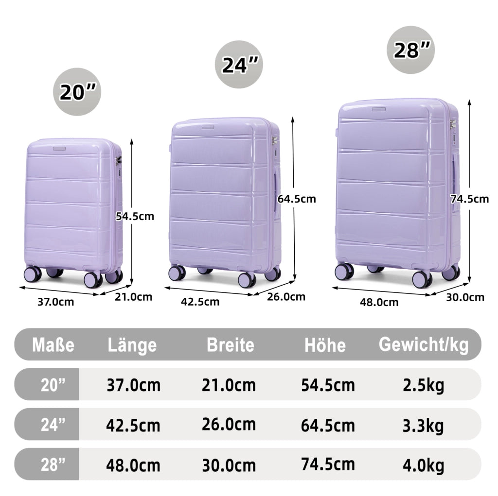 SET VALIGIE 3 Pezzi 51/61/71 cm PP Viola con Lucchetto