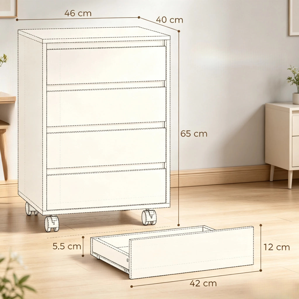 Contenitore ufficio su ruote con 4 cassetti, colore nero, in MDF, con rotelle frenanti