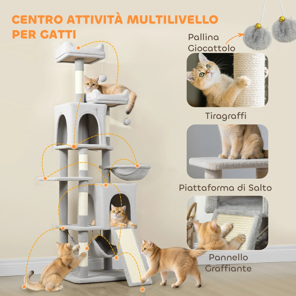 Albero Tiragraffi per Gatti 48x40x177 cm con 2 Casette 2 Lettini Trespolo e 2 Palline Grigio Chiaro e Beige