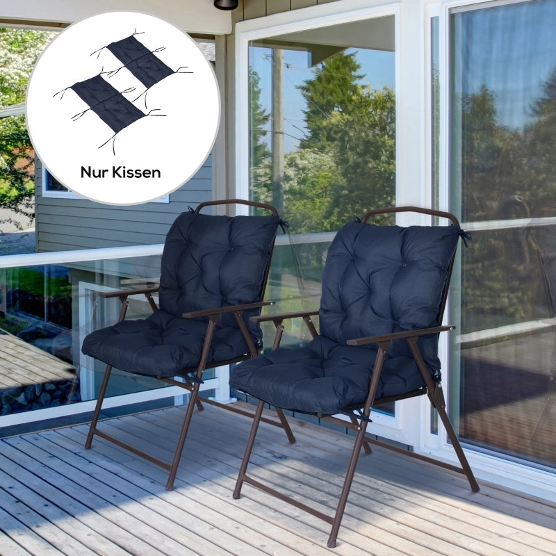 Set di 2 cuscini per sedia, 98 x 50 cm, con lacci, rivestimento in tessuto, spessore 8 cm, blu scuro.