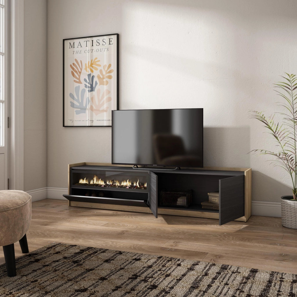 Mobile TV Soggiorno, 207x50x37 cm, Per TV fino a 80", Camino elettrico, Nero e rovere