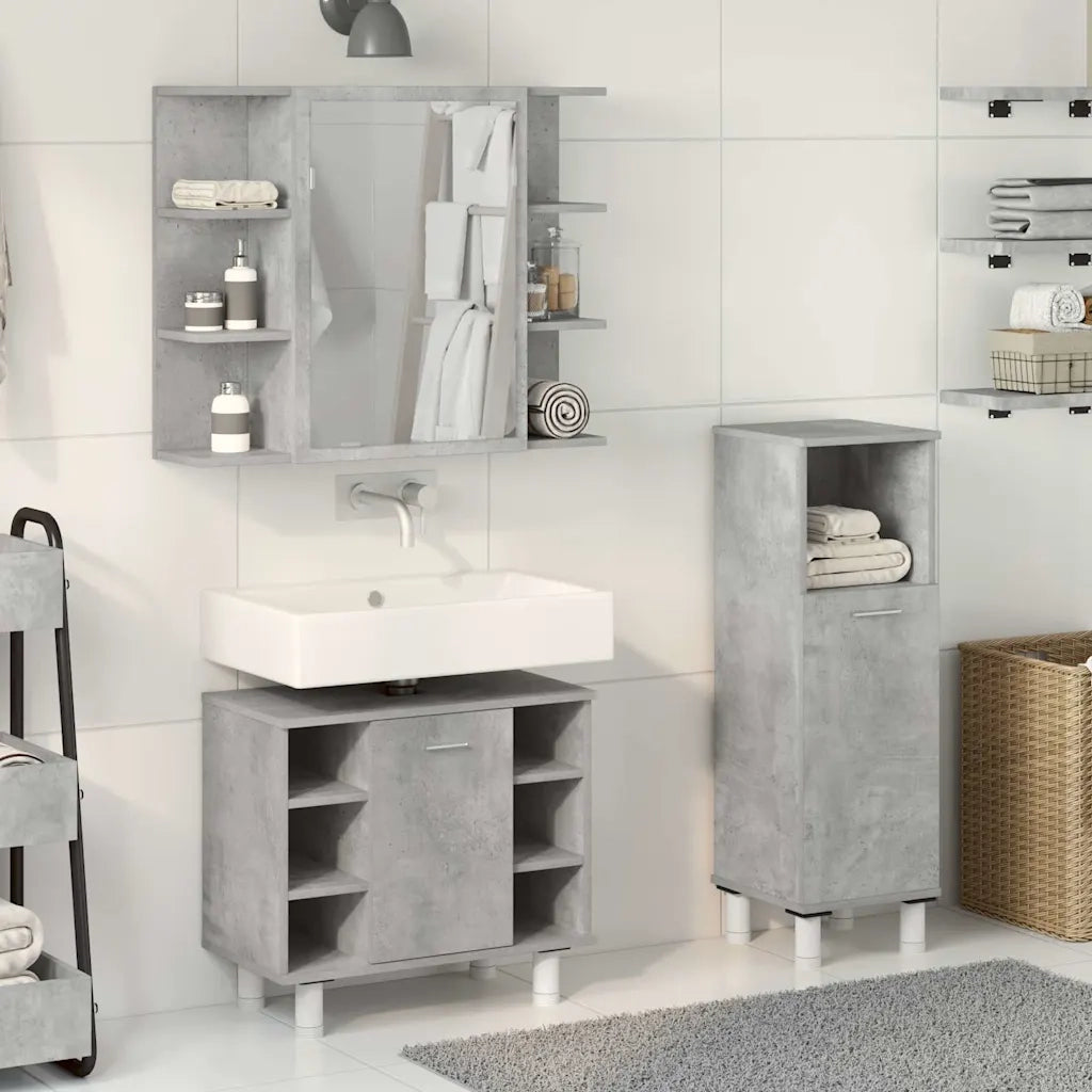 Set Mobili da Bagno | Armadio da bagno 3 pz Grigio Cemento in Legno Multistrato