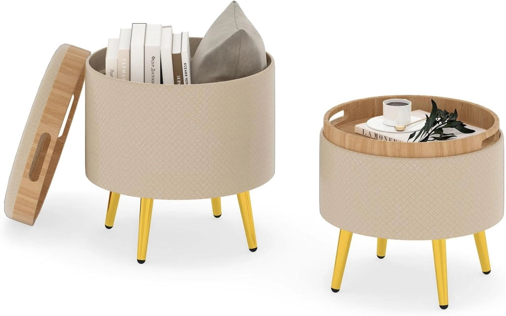 Set di 2 Pouf Contenitori Rotondi 23L + 6L, Ottomano con Vano Portaoggetti e Coperchio Rimovibile, Sgabelli da Trucco Imbottito con Gambe in Metallo, per Ingresso e Salotto