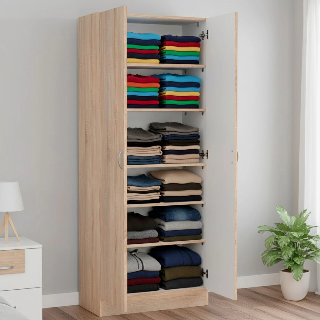 Scarpiera Salvaspazio A Armadio Con 2 Ante Mobile Multiuso Con 5 Ripiani Regolabili Design Moderno Per Ingresso Camera E Living 69.2 X 34.6 X 170.4 Cm Rovere