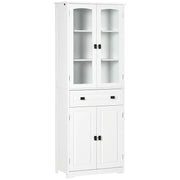 CREDENZA DA CUCINA ALTA CON 2 ARMADIETTI E CASSETTO, ANTE A VETRI E RIPIANI REGOLABILI, 60X30X160CM, BIANCO
