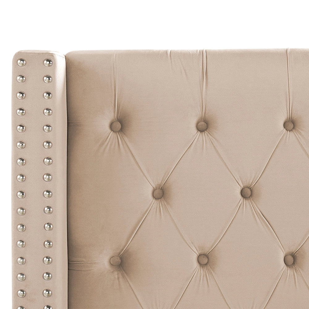 Letto matrimoniale a doghe velluto beige imbottito trapuntato poggiatesta 140 x 200 cm stile glamour elegante