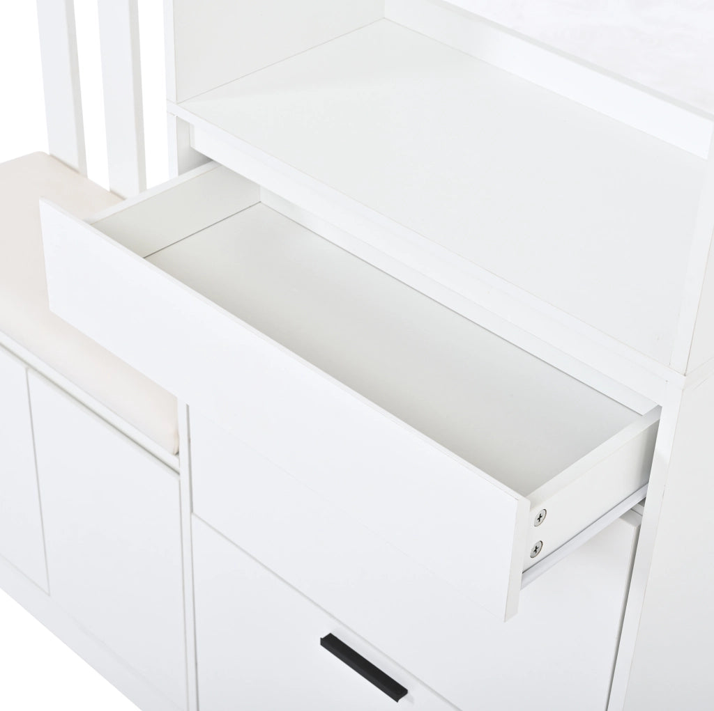 Guardaroba da ingresso 120x30x200 cm con panca imbottita e 10 ganci in MDF bianco