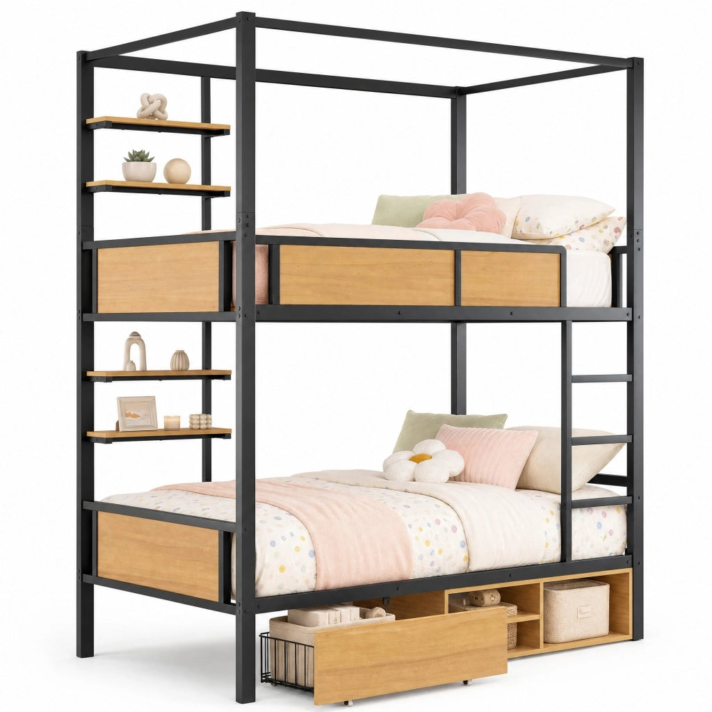Letto a castello in metallo e MDF con vani contenitore e scaffali laterali