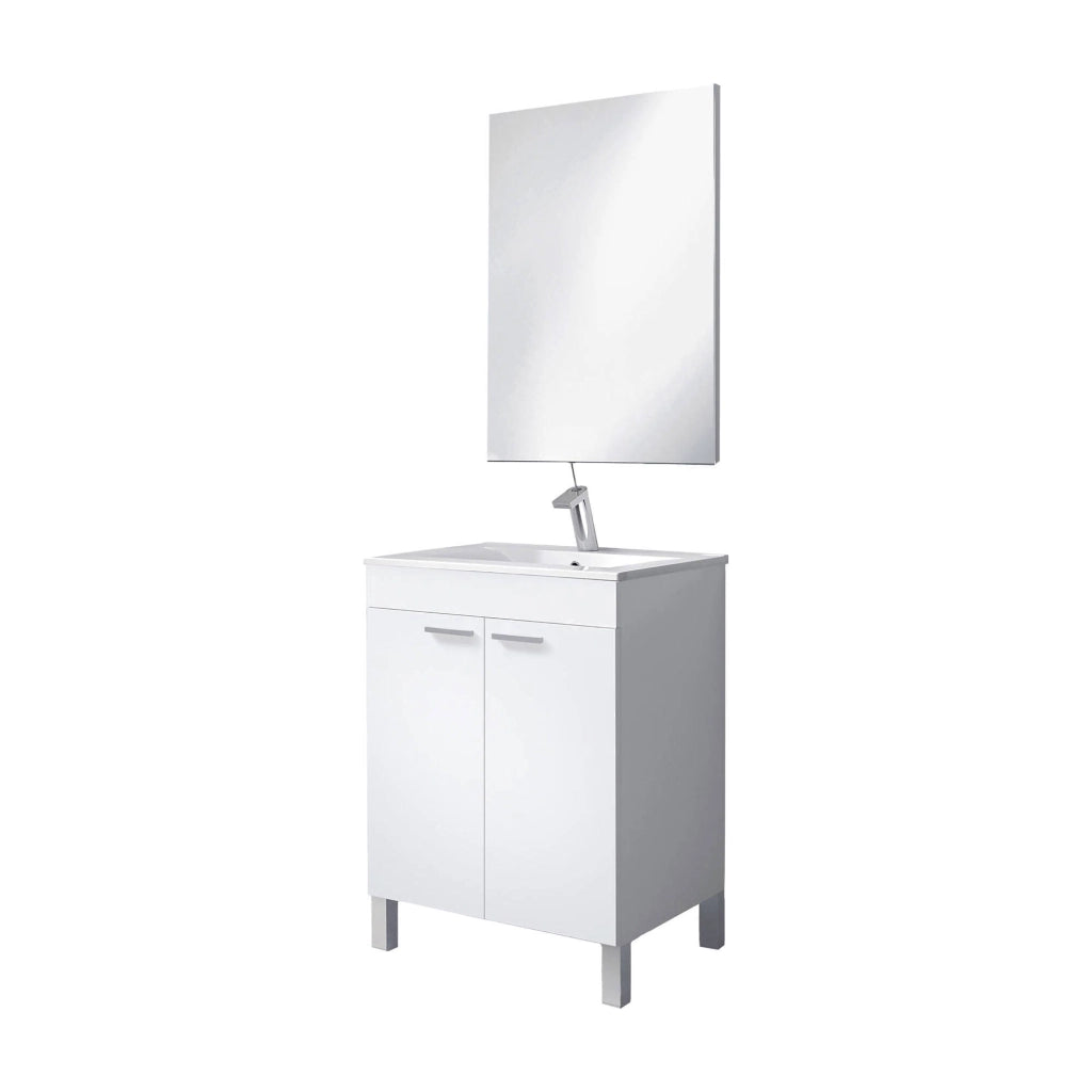Mobile sottolavabo Abaco, Mobiletto da terra, Armadietto con 2 ante, color bianco lucido, cm 60 x 80 x 45,Bianco
