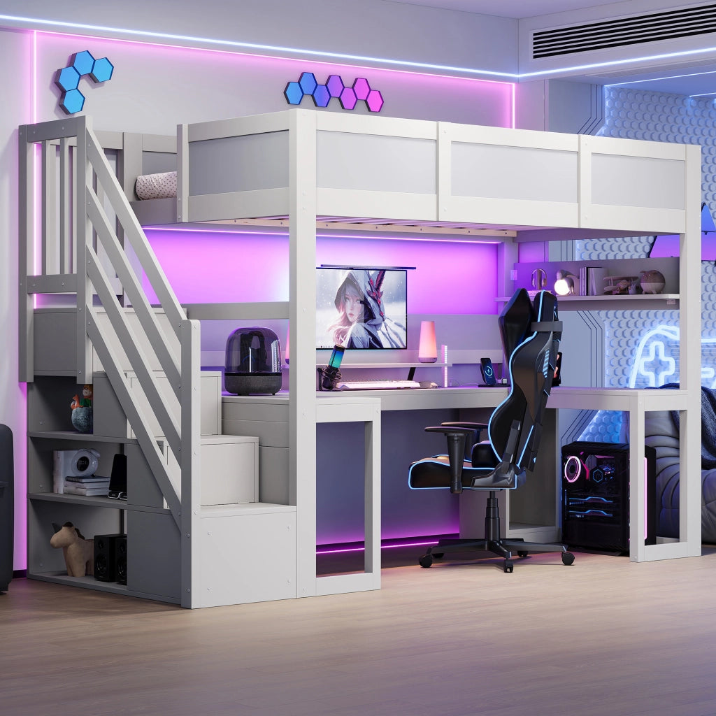 Letto a soppalco gaming 90x200 cm con scrivania; scala contenitore; LED e USB; MDF e compensato bianco