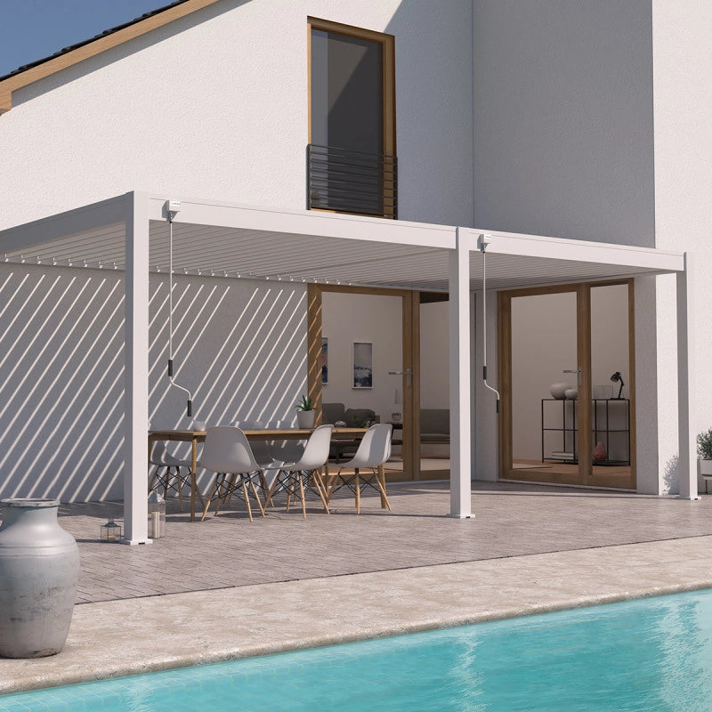 Pergola bioclimatica OmbrÃ©a adossata VS 3x6M Bianco + 2 tende