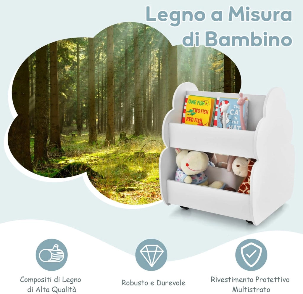 Libreria Montessoriana Doppio Lato per Bambini con Ruote, Scaffale Portaoggetti Multifunzione a 2 Livelli con Angoli Arrotondati, Libreria Bassa per Cameretta e Asilo, 52x47x63,5 cm, Bianco