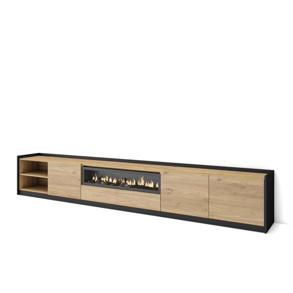 Mobile TV Soggiorno, 310x50x37 cm, Per TV fino a 80", Camino elettrico, Rovere e nero