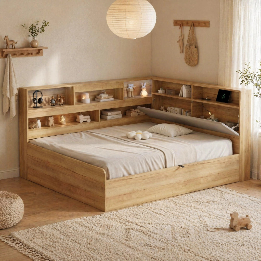 Letto daybed con contenitore idraulico; LED e presa USB; 90x200/140x200 cm; naturale