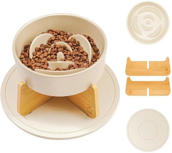 Ciotola per alimentazione per gatti e piccoli cani con superficie anti-slip in ceramica e base in bambù – Ciotola per alimentazione lenta per cani e gatti. [Inclusa ciotola per cibo secco]