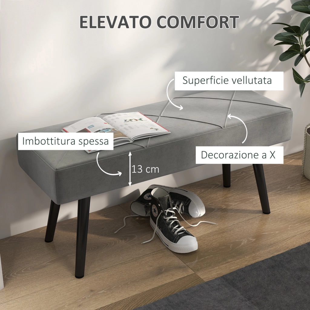Panca Imbottita con Gambe in Acciaio ¨C zephmum ¨C Velluto Grigio 100x36x45