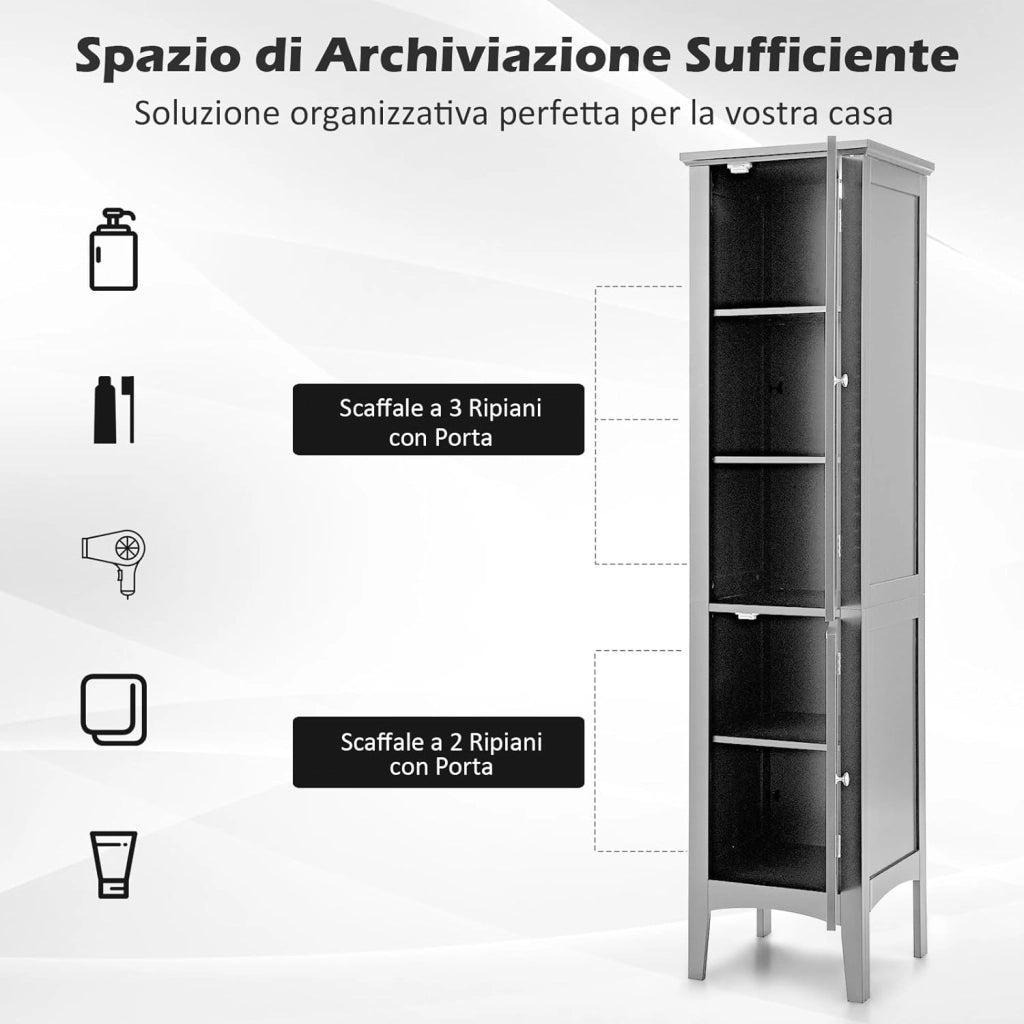 Mobile da Bagno Alto con 2 Ante, Armadio da Terra con 5 Vani, Mobile Colonna per Bagno Cucina Soggiorno, 37 x 37 x 160 cm (Nero)