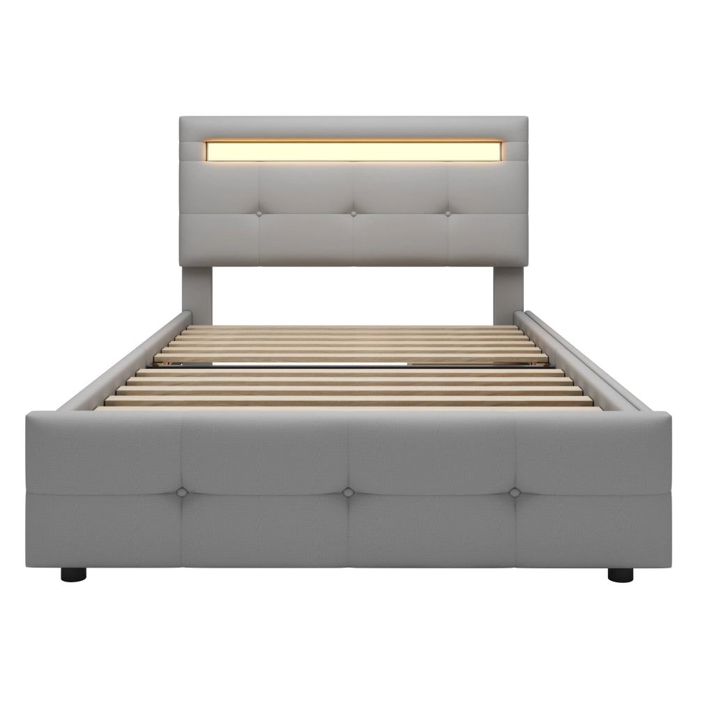 Letto singolo 90×200 cm con 2 cassetti e LED; rete inclusa; senza materasso; imbottito; grigio