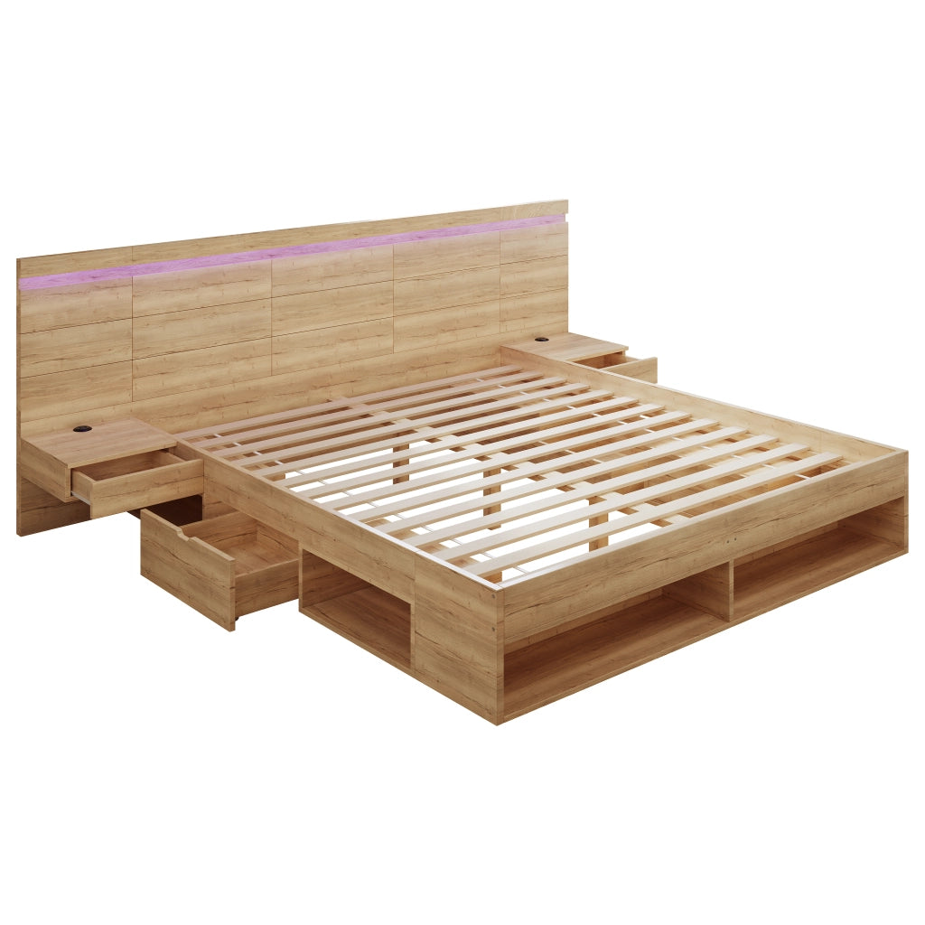 DESMIU Lit Matrimoniale 180 × 200 cm con 2 comodini, cassetti, USB e Type-C, LED, senza materasso, in MDF, naturale