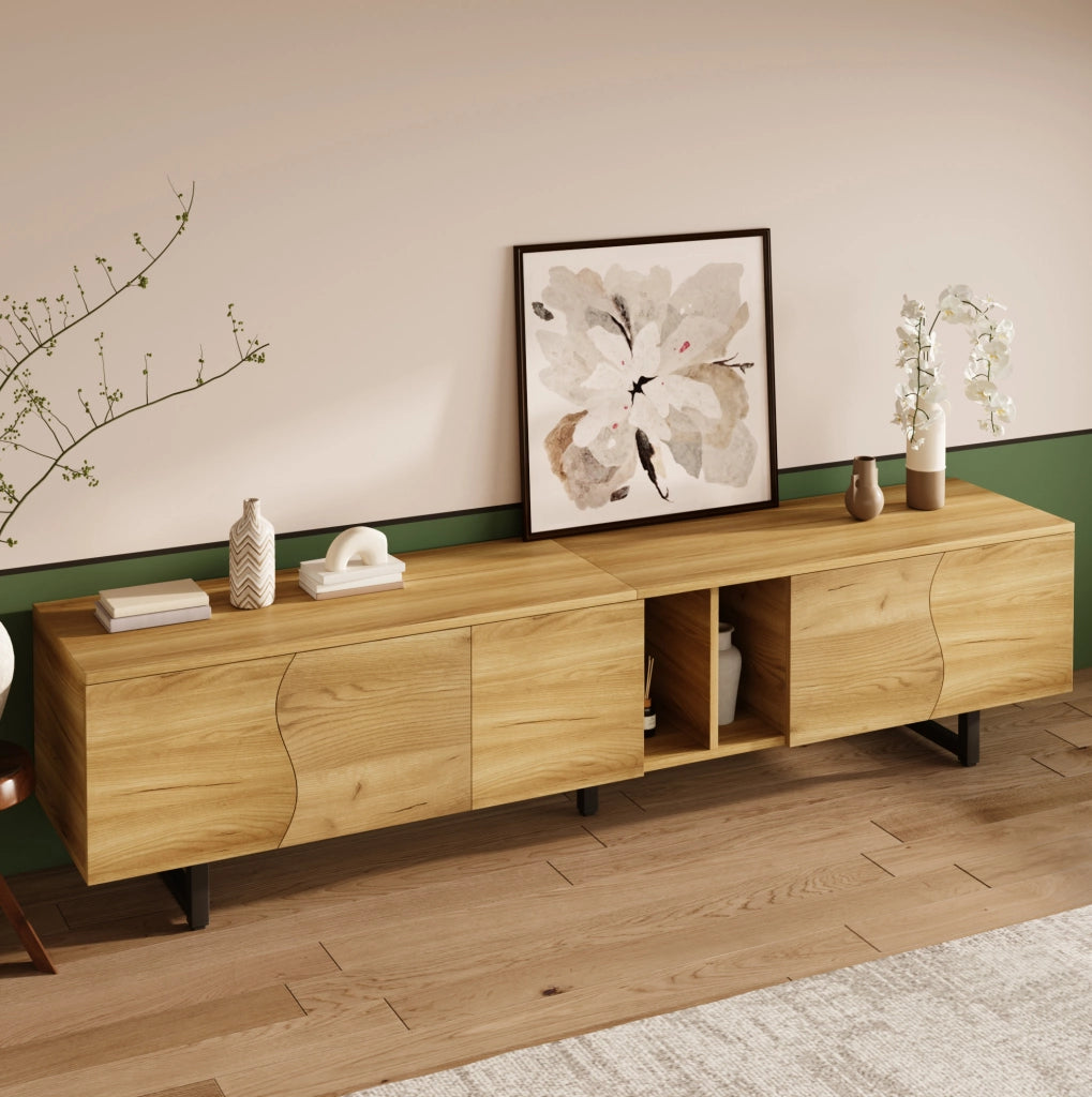 Mobile TV 191x38x46.5 cm con ante curve e ripiani aperti in MDF e pannelli di particelle naturale
