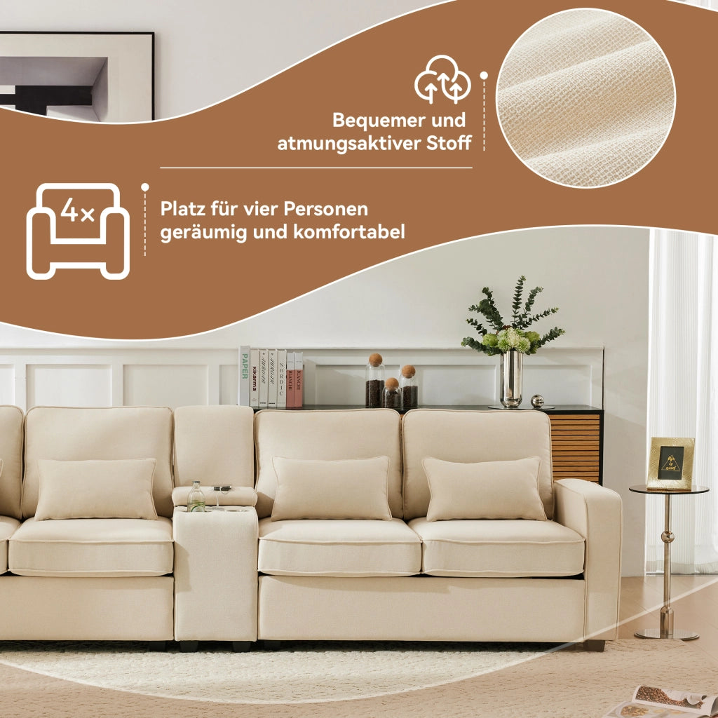 SOFA 4 POSTI CON USB, PORTABICCHIERI, TASCA BRACCIOLI E 4 CUSCINI 290x83x88 cm BEIGE