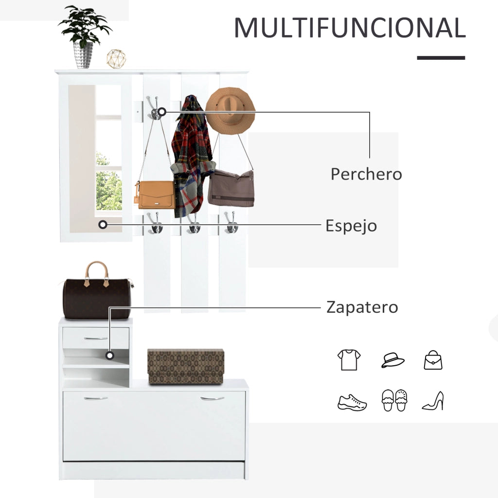Mobile Ingresso con Specchio Appendiabiti e Scarpiera ¨C Zephmum ¨C 2 Pezzi 6 Ganci Bianco