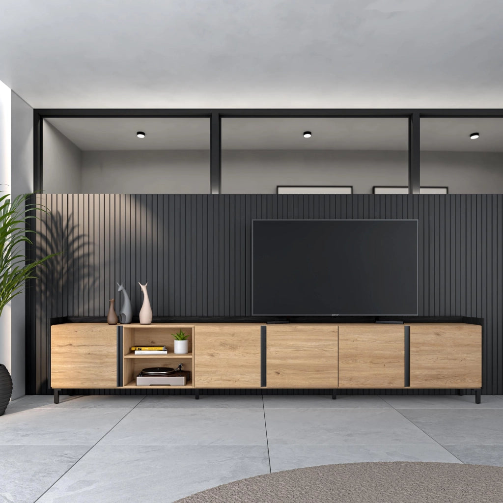Mobile TV Soggiorno, 309x61x35 cm, Per TV fino a 80", Design industriale, Rovere e nero