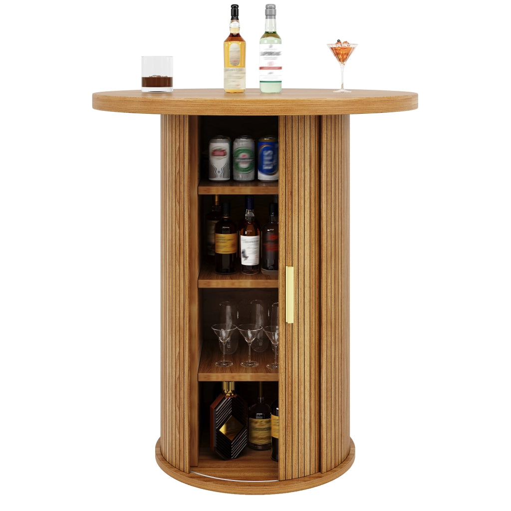 Tavolo bar rotondo con mobile contenitore 60x60x91,6 cm in MDF effetto legno e metallo
