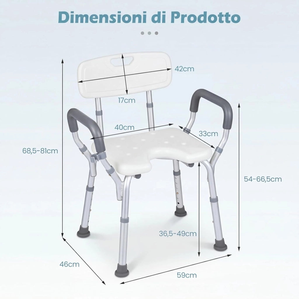 Sedia da Doccia Anziani, Sgabello da Doccia Antiscivolo con Braccioli e Schienale, Sedile a Forma di U e Altezza Regolabile, in Alluminio Resistente, per Disabili e Donne Incinte