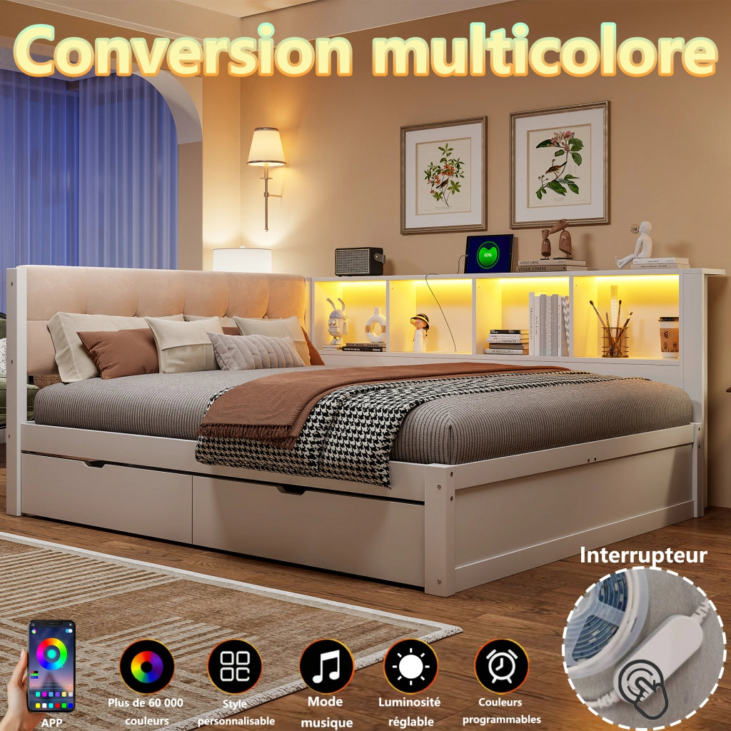 LETTO 140x200 cm con cassetti, ripiano, USB e LED, Legno di pino/MDF Bianco