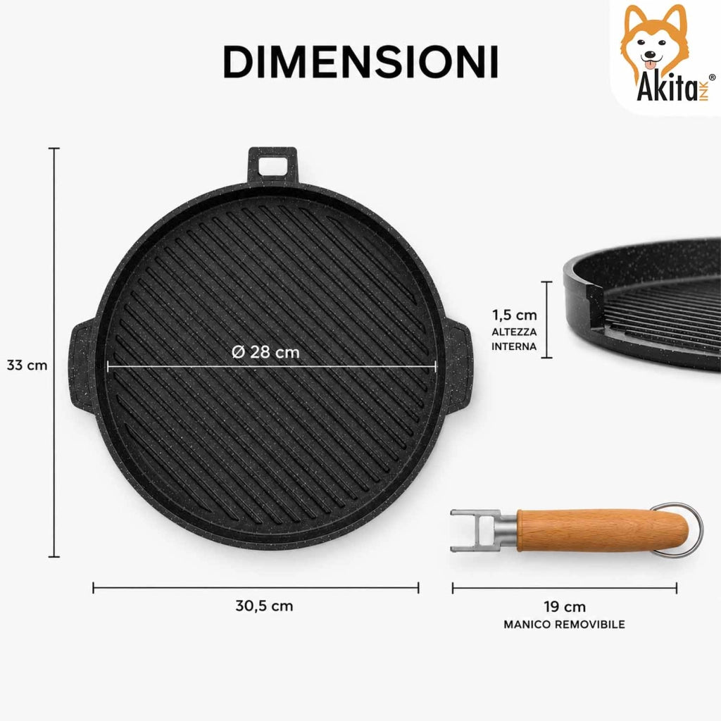 Akitaink Piastra Grill Double Tonda 28 cm Antiaderente Alluminio