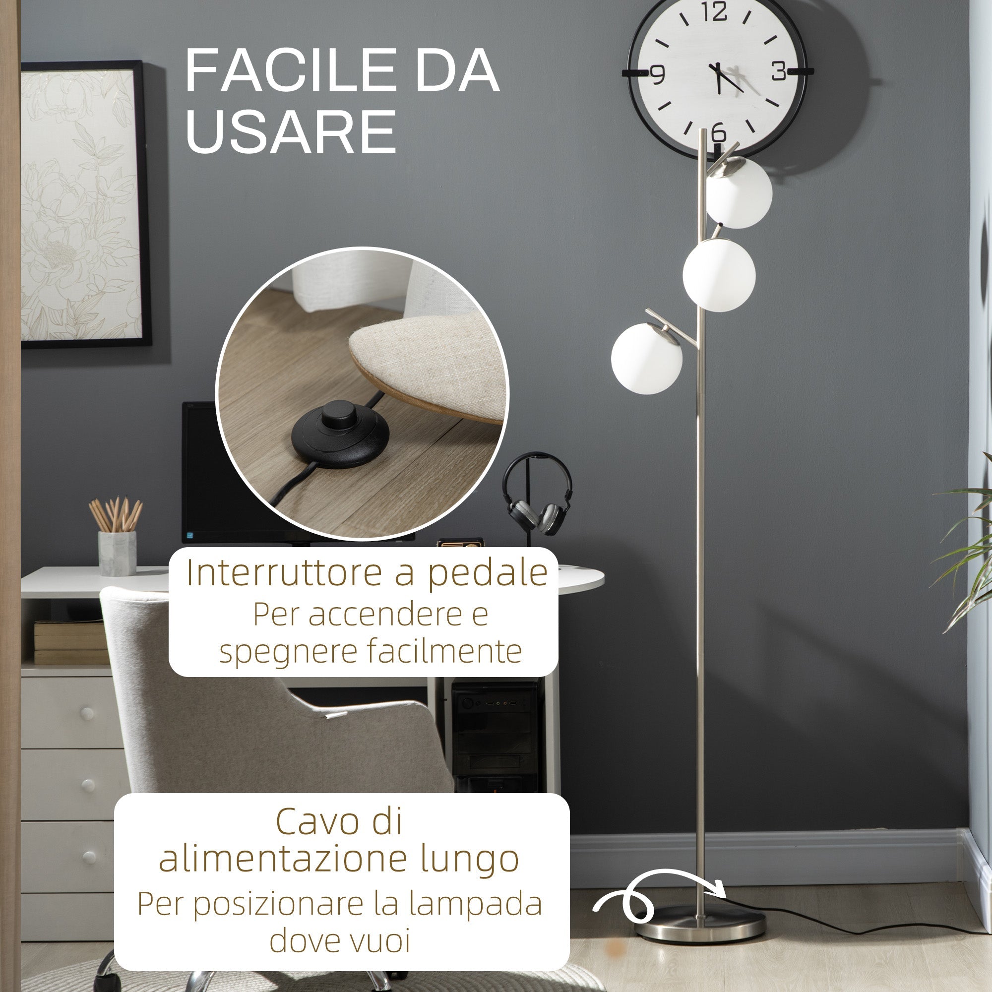 Piantana da Interno 3x E27 Ø27x159 cm 3 Punti Luce in Acciaio e Vetro Argento