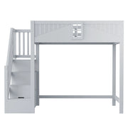 Letto a soppalco singolo 90×200 cm con scala laterale; ripiani e senza materasso; legno massello; grigio