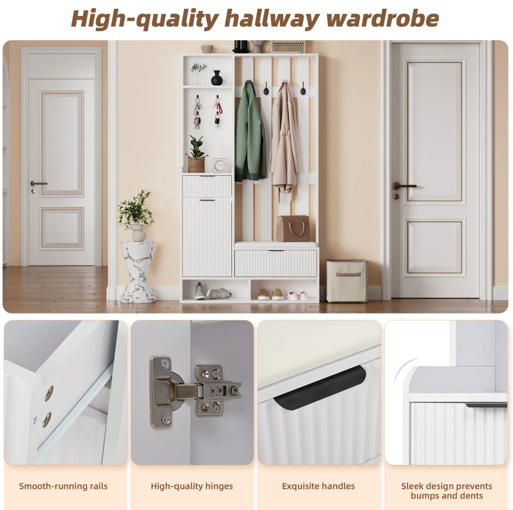 Guardaroba da ingresso 6 in 1 100 x 30 x 180 cm con 8 ganci; cassetti e panca; bianco