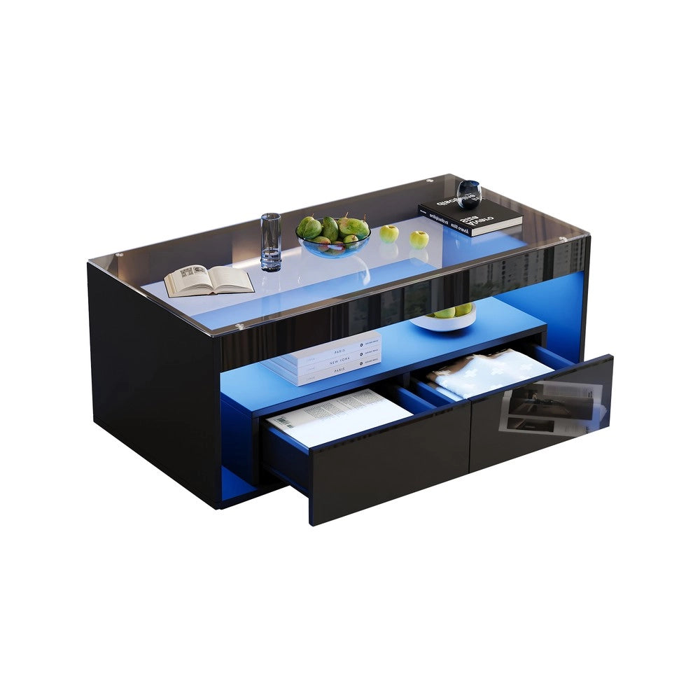 Tavolino da Caff¨¨ con LED 16 Colori e 2 Cassetti ¨C MINIMAL ¨C Vetro Nero Lucido