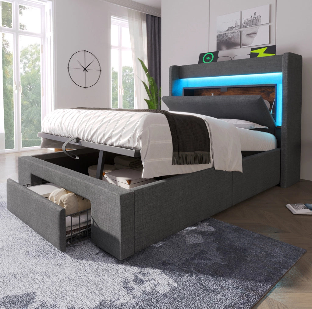 Letto imbottito 90x200 cm con contenitore idraulico, LED, USB e USB-C, grigio