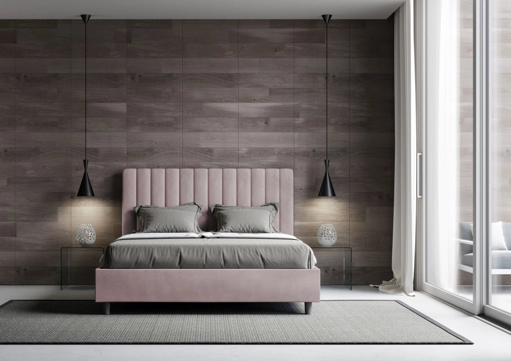 BS COM Letto queen size con rete imbottito 150x190 microfibra glicine