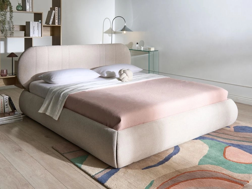 Letto matrimoniale imbottito con struttura a molle a sollevamento trapuntato 180 x 200 beige chiaro e contenitore sollevabile