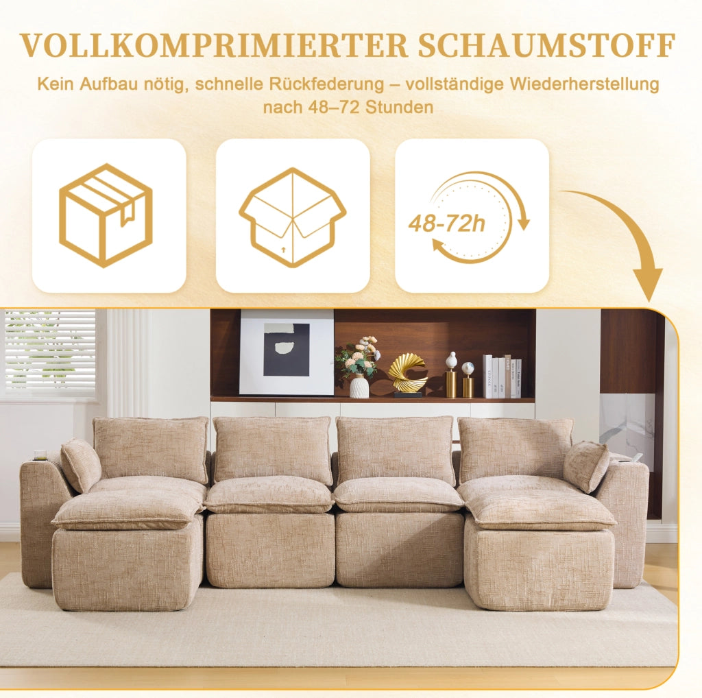Divano modulare componibile in chenille color khaki con tasche laterali; 322 x 161 x 75 cm